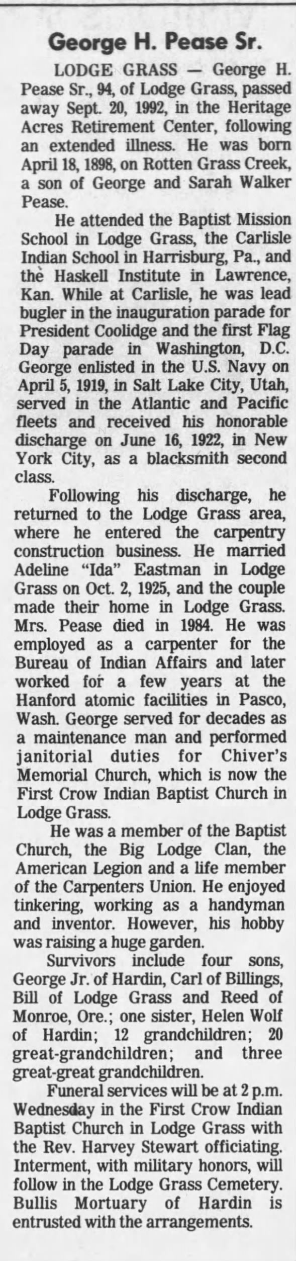 Obituary for George H. Pease, 1898-1992 (Aged 94)